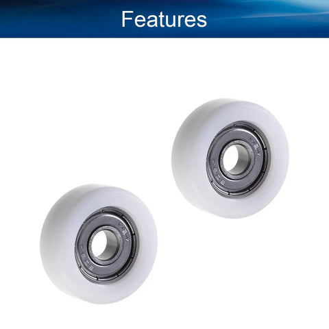 Heavy Duty White Nylon Bearing Pulley Flat Wheel Loaded With Dependable 608Z Ball Bearings For Hella Smooth Gliding On Sliding Doors Closet Hardware And DIY Shop Fixes An Absolute Legend Pack Of Four, view of two pulleys.