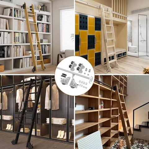 Heavy Duty Carbon Steel Sliding Ladder Track Kit With 19.7 Foot Telescopic Rail And Pulleys For Library And Home Use installed in various rooms