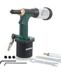 No Nonsense Pneumatic Hydraulic Pull Rivet Gun With Automatic Rivet Suction And Back Catcher Rotating Cup shown with tools