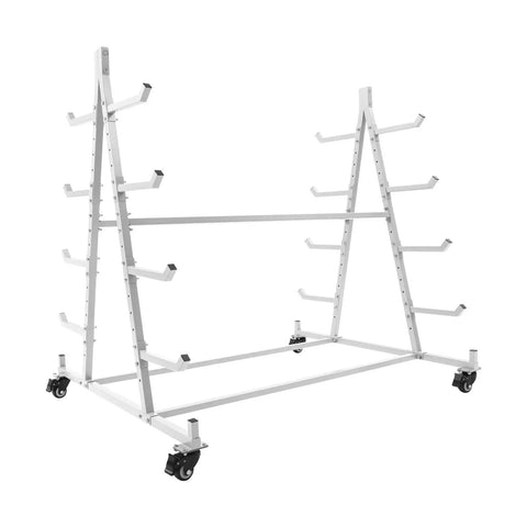 Rock Solid Five Tier Heavy Duty Horizontal Storage Rack With Smooth Rolling Wheels And Sure Lock Brakes 500 Lb Cantilever Lumber Rack, white steel frame, five tiers.