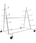 Five Tier Horizontal Heavy Duty Rolling Lumber Rack With Slick Iron Build And Secure Locking Wheels 500 Pound Capacity displayed in white.