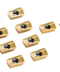 APKT11T3 TiN Coated Carbide Inserts for Steel Machining, 10 Pc Set, ISO APKT113508 on white background showing hole and thickness.
