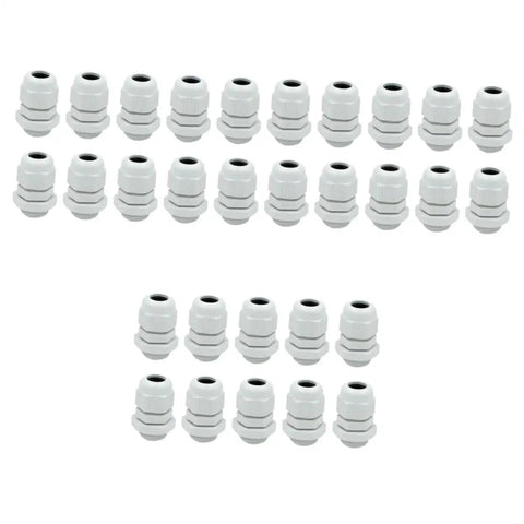 30 Pack M16x1.5 Cable Glands And Connectors, White Polyamide Seals For 5.0-10.0mm Cables displayed in rows