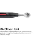Two Tone Black And Red Anodized Shifter Linkage For Harley 86 Up FL Softail And Touring Adjustable From 11.6 To 13.2 Inches With Two Five Sixteenth Inch Heim Joints Compatible With 86 Up Softail And Touring, 5/16 heim joint close-up
