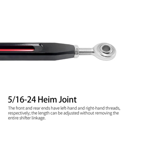 Two Tone Black And Red Anodized Shifter Linkage For Harley 86 Up FL Softail And Touring Adjustable From 11.6 To 13.2 Inches With Two Five Sixteenth Inch Heim Joints Compatible With 86 Up Softail And Touring, 5/16 heim joint close-up