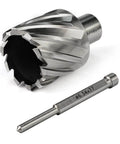 Front view of an annular cutter with Weldon shank, 1-9/16 in diameter and spiral cutting teeth