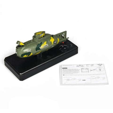 Rad Military Style Nuclear Submarine RC Toy for Kids Realistic Camouflage Dive Float and 360 Degree Spin on display stand
