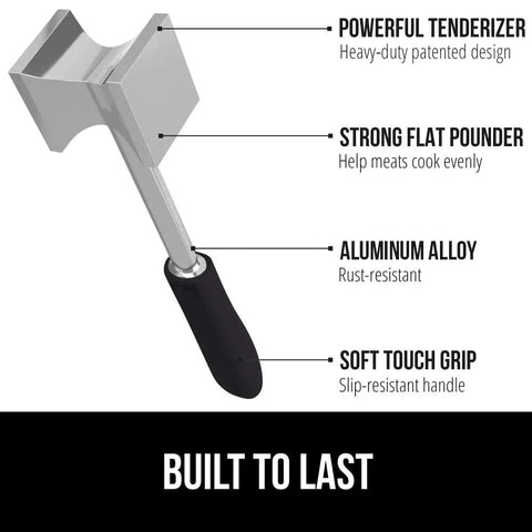 Dual Sided Meat Tenderizer Tool With Patented Design Beefy Heavy Duty Aluminum Mallet with soft grip and flat pounding face