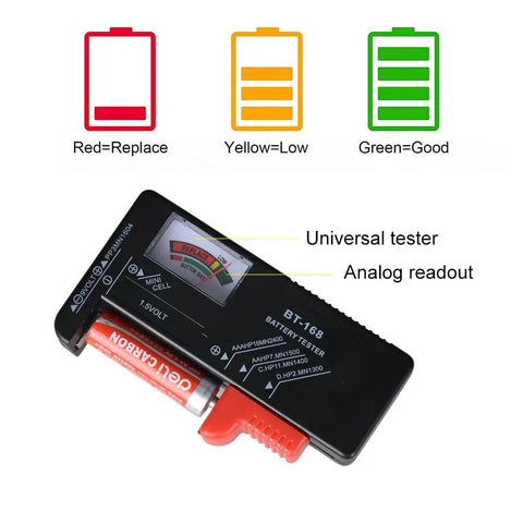 Battery Organizer Case With Built In Tester For 200 Or More Batteries AA AAA C D 9V Fireproof Waterproof Explosion Proof Vault Box Carrying Case With Durable Portable Carry Strap For Home Garage Or Workshop Use showing battery tester with red, yellow, and green indicators.