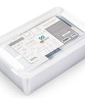 Hands On Industrial Automation PLC Starter Kit With Opta Controller Wi Fi Bluetooth IO Modules Over Twenty Hours Of Online Learning Content And Cloud Integration For Smart Manufacturing Enthusiasts And Makers in clear plastic box.