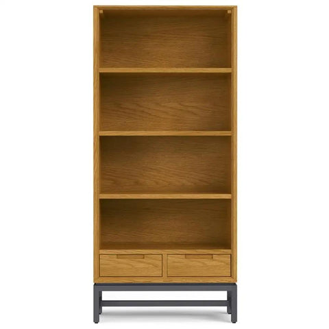 Oak Veneer Desk And 66 Inch Bookcase Set With Graphite Gray Metal Frame For A Modern Industrial Home Office Setup And Living Room Storage