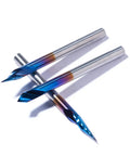 Three Piece V Bit Set Pro Grade 0.1mm 2 Flute Upcut Spiral CNC Router Bits 1/8 Inch Shank Nano Blue Coating for wood engraving.