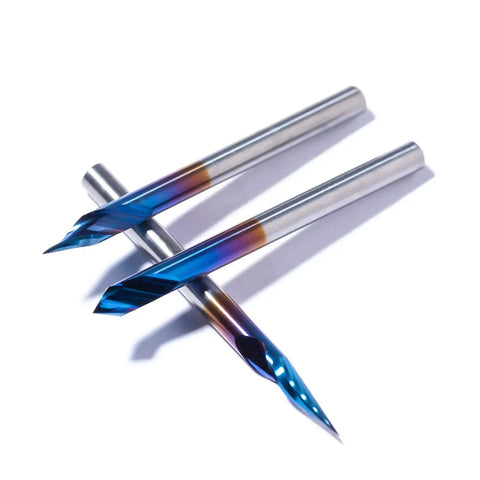 Three Piece V Bit Set Pro Grade 0.1mm 2 Flute Upcut Spiral CNC Router Bits 1/8 Inch Shank Nano Blue Coating for wood engraving.