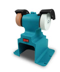 Cordless 200W Electric Bench Grinder With Dual Polishing Wheels For Razor Sharp Knives And Metal Fabrication Battery Powered Heavy Duty Weekend Warrior Multitask Shop Tool side view showing dual polishing wheels and power switch.