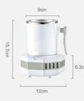 2 In 1 Smart Cup Electric Beverage Warmer And Cooler Chill Or Heat Your Daily Drinks Straight Up Temperature Control Desk Heater Mug in white with size dimensions.