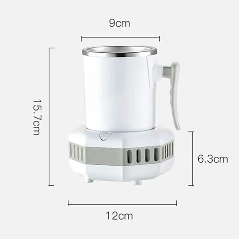 2 In 1 Smart Cup Electric Beverage Warmer And Cooler Chill Or Heat Your Daily Drinks Straight Up Temperature Control Desk Heater Mug in white with size dimensions.