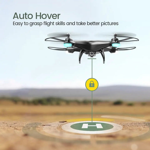 FPV RC Drone With 1080P HD Camera hovering in a field, showcasing auto hover feature for stable photography and flight control.
