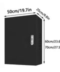Rugged Wall Mount EV Charger Shield Built Tough For Your Daily Grind With Lockable Weatherproof Seal Rain Dust Oil Protection Cooling Slots Heavy Duty Steel Universal Fit Black side view with dimensions displayed.