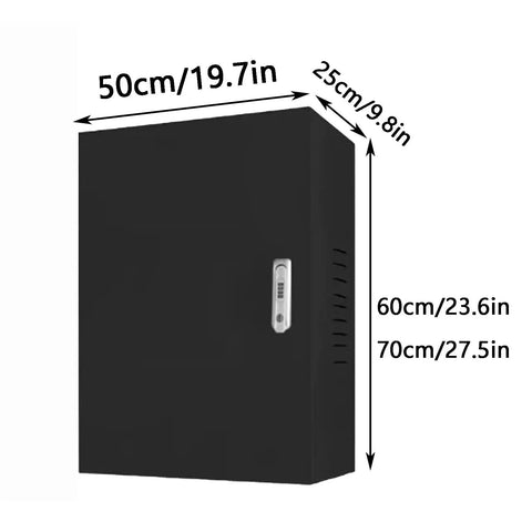 Rugged Wall Mount EV Charger Shield Built Tough For Your Daily Grind With Lockable Weatherproof Seal Rain Dust Oil Protection Cooling Slots Heavy Duty Steel Universal Fit Black side view with dimensions displayed.