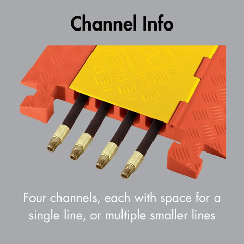 4 Channel Industrial Drive Over Cable Protector For One And A Quarter Inch Lines showing four cables in yellow-orange ramp
