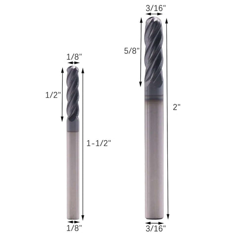 Two solid carbide ball-nose end mills, 1/8 in and 3/16 in diameters, AlTiN coated, 4-flute