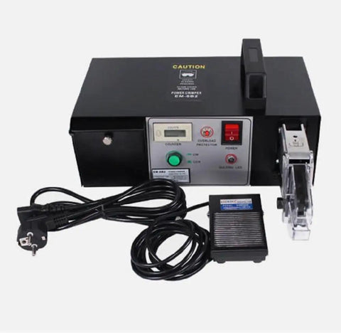 Professional EM-6B1 Electric Terminal Crimping Machine Tool With Exchangeable Die Set For 110V Power Cabinets, controls and cable shown.