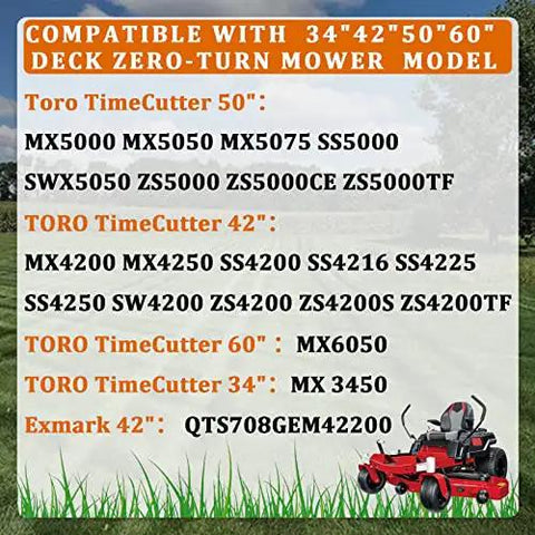 Compatibility chart for Toro TimeCutter 34-60 inch and Exmark 42 inch zero-turn mower models