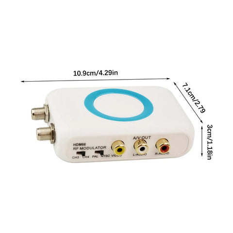 HDMI To RF Modulator For TV With PAL NTSC Output Plug And Play HDMI RF Converter showing AV outputs and size dimensions.