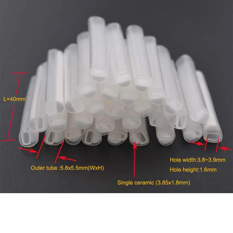 Stack of Pro Grade Ribbon Mass Fiber Optic Fusion Splice Sleeves 40mm Heat Shrink Tubes with labeled dimensions.