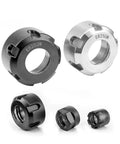 Get This Heavy Duty 2Pc CNC ER OzNut Collet Set With High Hardness And Amazing Impact Resistance Perfect For Your Drill Lathe Or Grinder Machine Making Quick Work Of Any Task, showcasing black and silver CNC collets.