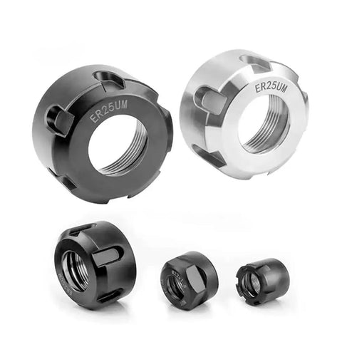 Get This Heavy Duty 2Pc CNC ER OzNut Collet Set With High Hardness And Amazing Impact Resistance Perfect For Your Drill Lathe Or Grinder Machine Making Quick Work Of Any Task, showcasing black and silver CNC collets.