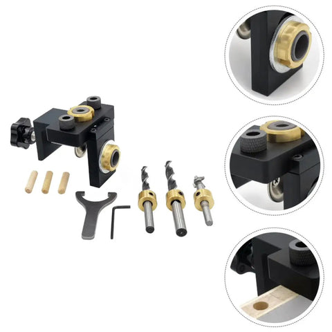 Precision Woodwork Hole Punching Locator Tool Set For Furniture Building And Diy Pros, black aluminum tool with drill bits and accessories.