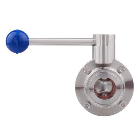 Front view of Beefy Sanitary Butterfly Valve with Pull Handle 304 Stainless Steel for 1.25 Inch Tube OD Clover Tri Clamp Fittings