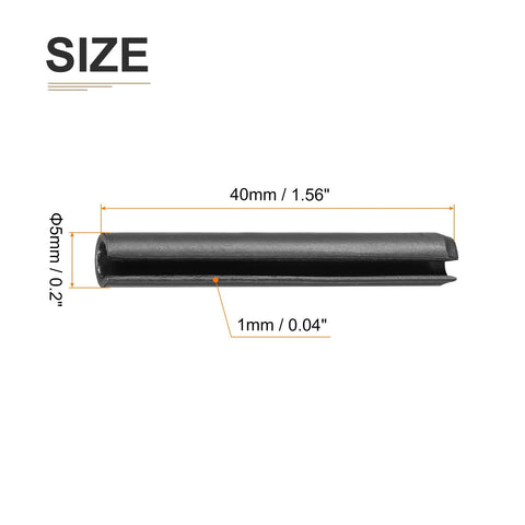 5mm X 40mm Slotted Spring Pin Pack Of 50 Black 65Mn Spring Steel Dowel Tension Roll Pin size diagram