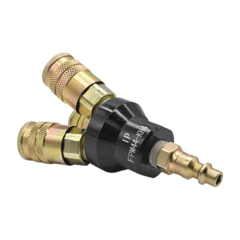 Aluminum Round Pneumatic Manifold Kit with Three 1/4 Inch Steel Industrial Couplers and One 1/4 Inch Steel Plug, angled view
