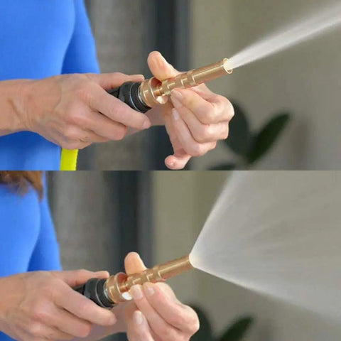 Spraying with Heavy Duty 304 Stainless Steel Garden Hose Extension 100 Feet With Brass Nozzle, close-up of flexible kink-free hose