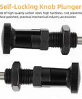 Rock Solid Push Fit Ball Nose Carbon Steel Spring Knob Plunger With Self Locking Retractable Index Pin For Heavy Duty Industrial Positioning And Fixing Hardware M10 Thread, showing knob and pin details.
