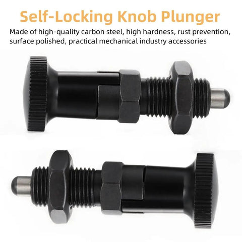 Rock Solid Push Fit Ball Nose Carbon Steel Spring Knob Plunger With Self Locking Retractable Index Pin For Heavy Duty Industrial Positioning And Fixing Hardware M10 Thread, showing knob and pin details.