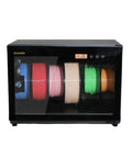 Keep Filaments Fresh With A 6 Spool Airtight Dry Box Humidity Control, transparent glass door displaying colorful filament spools.