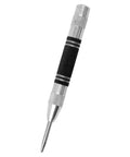 Knockout 5 Inch Automatic Center Punch Marker Spring Loaded Self Centering Hole Starter For Metal Wood And Plastic One Handed Comfort Grip Silver Precision Work Tool close-up showing silver and black design, pointed tip.