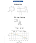 Open-loop brake stepping motor, 24-36V DC, 2.2 Nm; dimensions, wiring diagram, torque graph