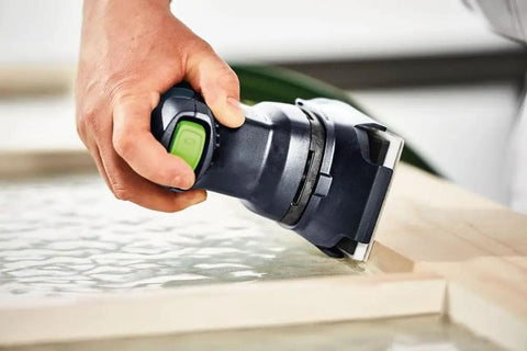 Finish Orbital Sander RTS 400 REQ Plus with 250W motor in use on wooden surface, ergonomic rubberized grip visible