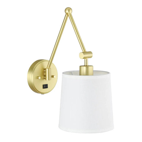Brass Wall Lamp with White Fabric Shade and On Off Switch, Hardwired Wall Mount, Vintage Modern Sconce Lighting