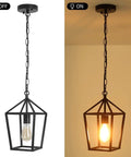 Black 1 Light Pendant Light With Adjustable Chain For Kitchen Island And Dining Room Hallway Entryway And Foyer Modern Industrial Wire Frame Lantern Style Lighting That Looks Ultra Lit in on and off states.