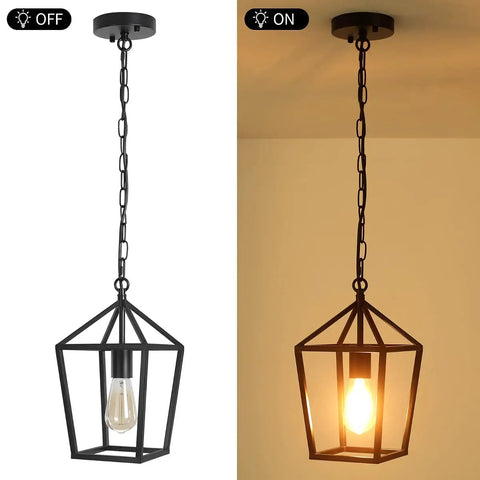 Black 1 Light Pendant Light With Adjustable Chain For Kitchen Island And Dining Room Hallway Entryway And Foyer Modern Industrial Wire Frame Lantern Style Lighting That Looks Ultra Lit in on and off states.