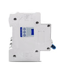 Top Shelf 2 Pole DC Circuit Breaker MCB 20 Amp Miniature Safety Switch viewed from the side, showcasing its design and markings.