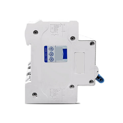 Top Shelf 2 Pole DC Circuit Breaker MCB 20 Amp Miniature Safety Switch viewed from the side, showcasing its design and markings.