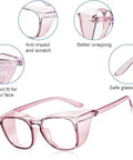 Badass Anti Fog Safety Glasses With Side Shields For Women And Girls Block Blue Light Dust And Pollen in pink with side shield design.
