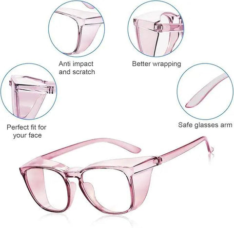 Badass Anti Fog Safety Glasses With Side Shields For Women And Girls Block Blue Light Dust And Pollen in pink with side shield design.
