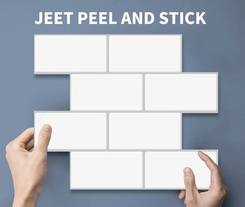 Hands installing Peel And Stick Backsplash 14 By 12 Subway Tiles Faux Ceramic 10 Tiles Thick Version with 3x stronger adhesive.